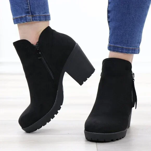 Black Chunky Heel Ankle Boots Suede Lug High Heel Booties - Picture 15 of 15